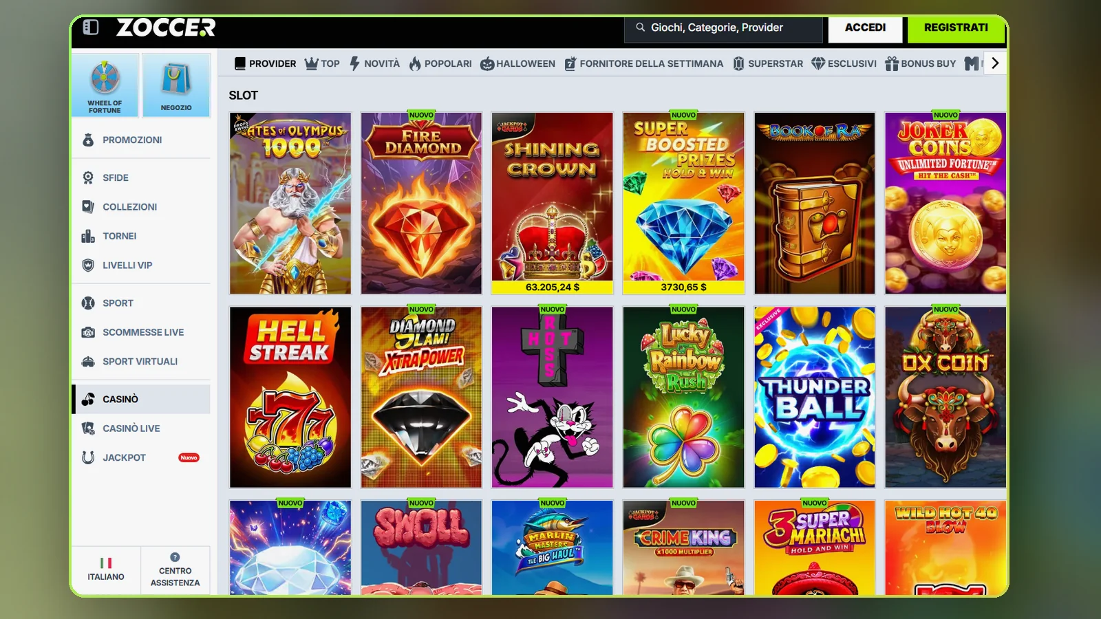 La lobby di Zoccer con le slot in evidenza: nel menu in alto le categorie Top, Novità e Popolari, sotto una griglia di copertine con provider e jackpot