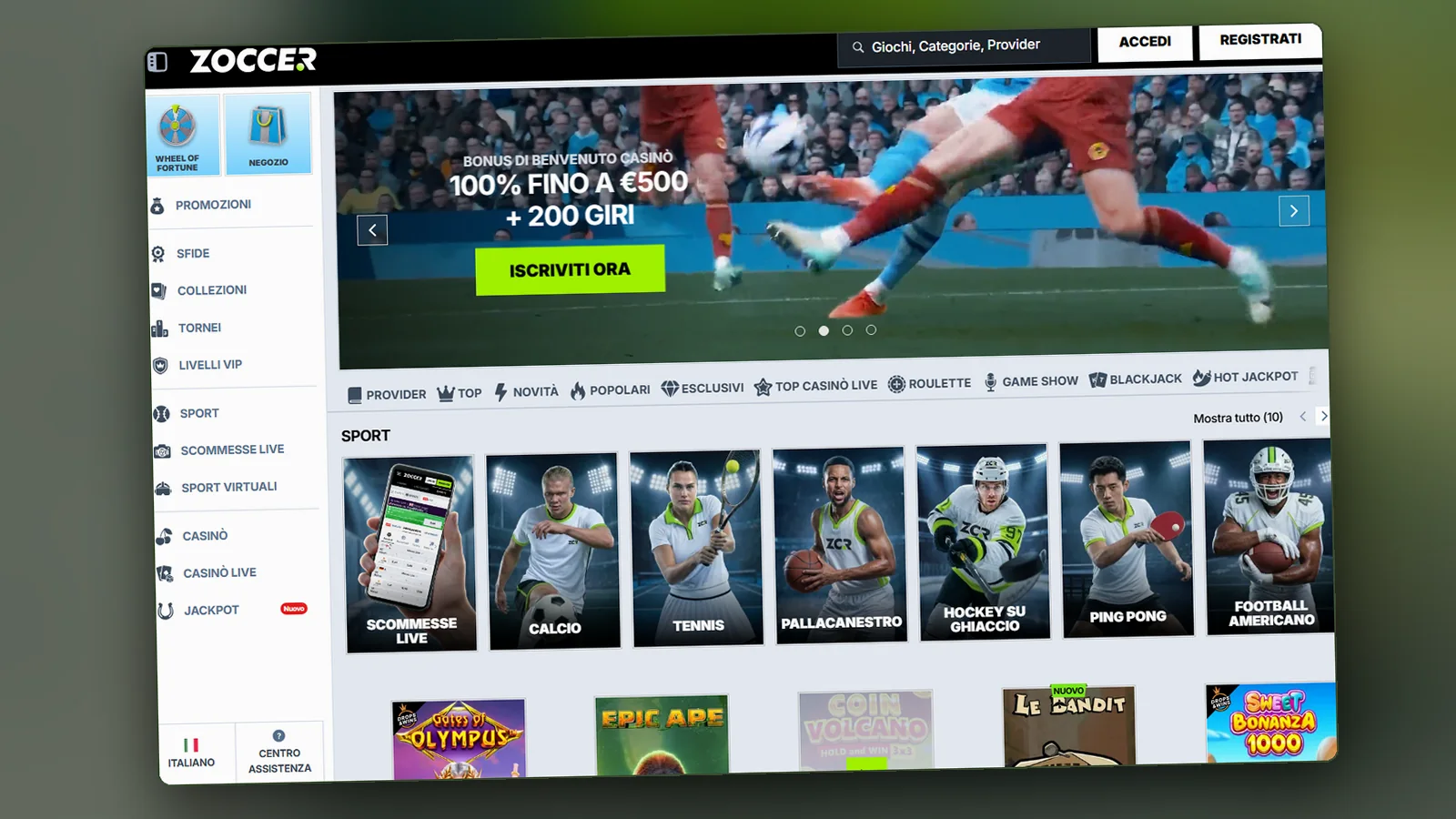 La home di Zoccer con il banner di benvenuto standard 100% fino a €500 + 200 giri, il menu laterale con Promozioni, Sport e Casinò e la riga delle scommesse live